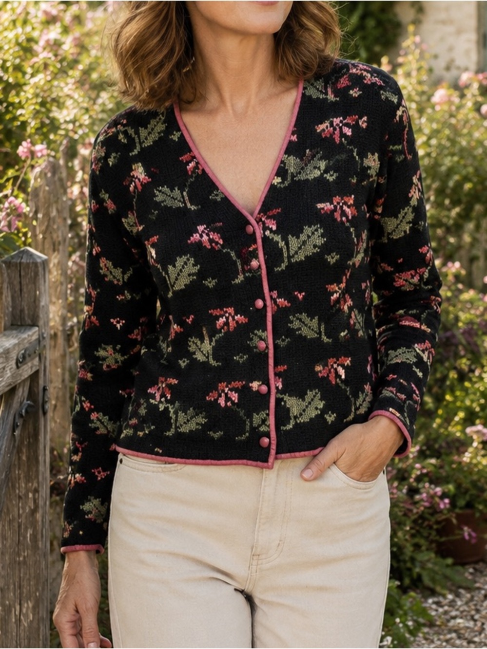 VTG Susan Bristol Wool Cardigan Black Pink Rose Floral Sweater Women’s M 1980s